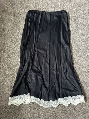 Anthropologie Black Satin Skirt with Elastic Waistband and lace trim